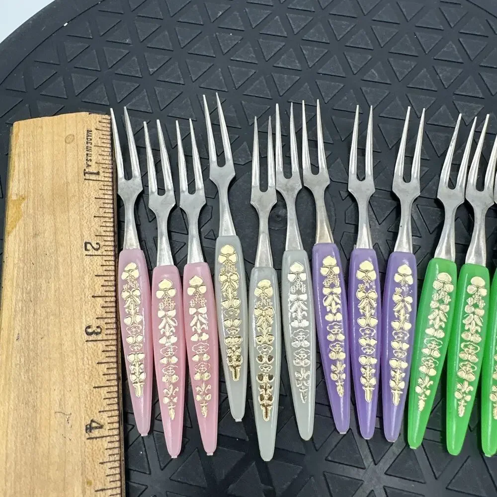 Vintage Stainless Steel 12 Cocktail Forks, Colorful Gold Floral Design 60's-70's